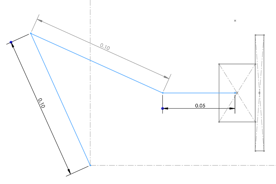 Dimensioned sketch of the arm's links and workspace