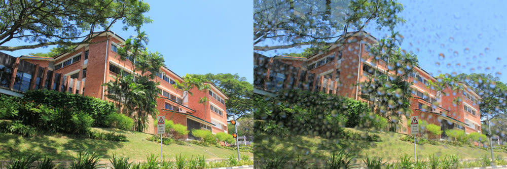 Side-by-side clean and rain-degraded photographs