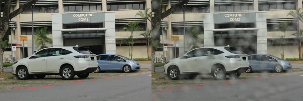 A second side-by-side clean and rain-degraded pair