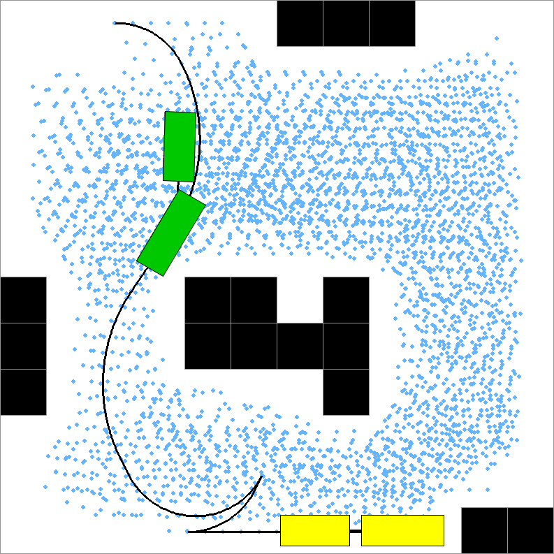 Simulator window showing a truck and trailer partway along a planned path through scattered obstacles