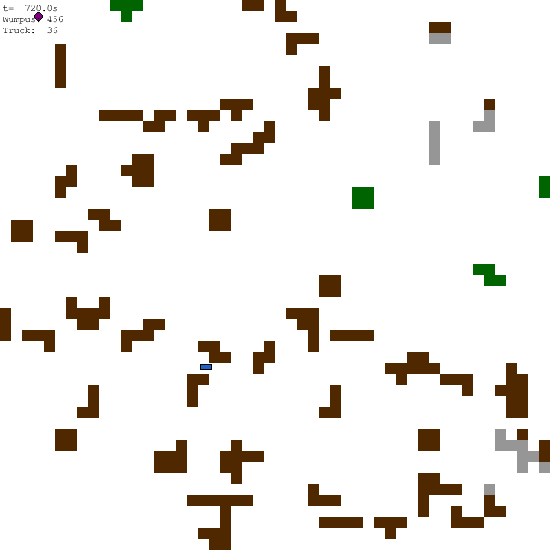 Simulation frame with the firetruck wedged near obstacles, disconnected from the roadmap graph